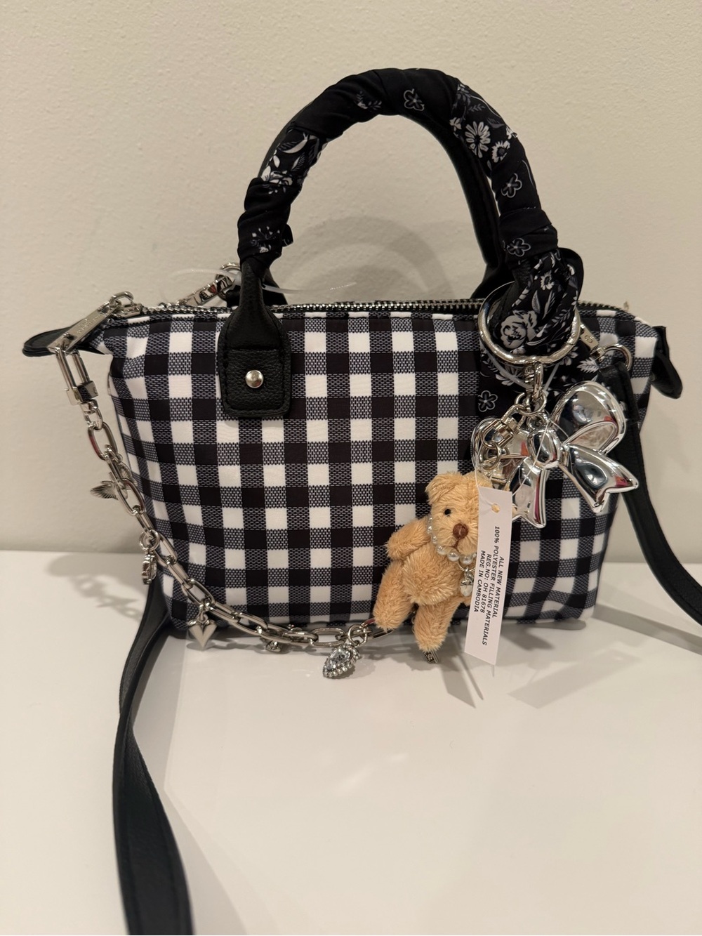 Black & White Gingham Top-Handle Women’s Bag with Charm